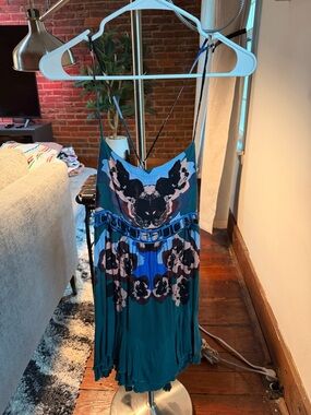 Free People Blue Green Floral Print Spaghetti Strap Dress